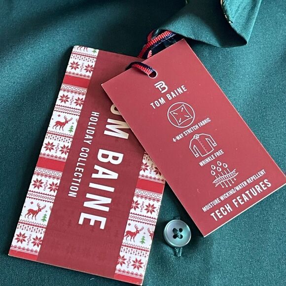 TOM BAINE Slim Fit Holiday Collection Button Down Dress Shirt Hunter Med NWT - Picture 11 of 16